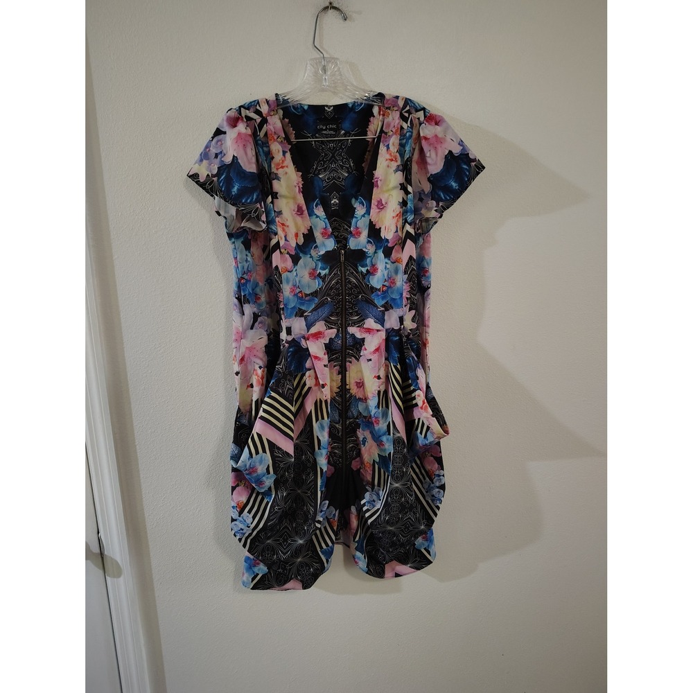 City Chic Floral Geometric Front Zip Romper Black Blue Pink Size S 16
